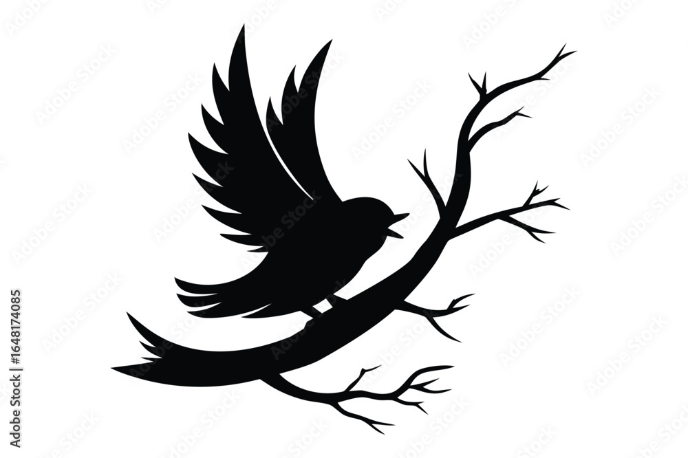 Fototapeta premium Flying Bird Silhouette on Bare Branch