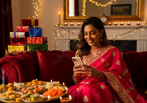 Woman In A Pink Saree Smiles While Using Her Smartphone During Diwali, Surrounded By Gifts And Diyas, Holiday Celebration, Online Shopping, Festive Greetings
