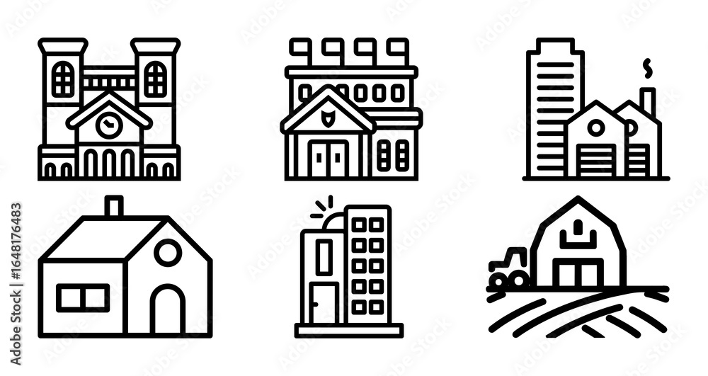 A set of monochrome line art building icons: an old-style building, an apartment, a city skyline, a house, a high-rise, and a barn. A set of monochrome line art building icons: an old-style building, an apartment, a city skyline, a house, a high-rise, and a barn.