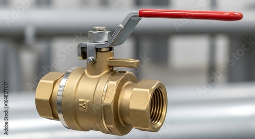 Close-up of a brass ball valve with a red handle against a blurred background