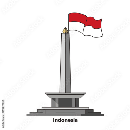 Vector illustration of the National Monument in Jakarta, a famous landmark and patriotic symbol of Indonesia with the national flag.