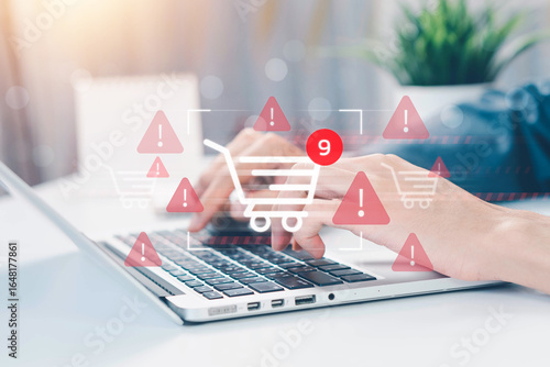 Safety Concepts for Online Shopping, Security alert from scammers. Alert of secure online shopping concept, Warning and danger sign, scam and thief in cybersecurity.