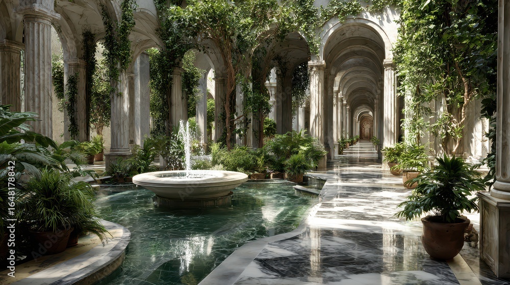 Fototapeta premium Courtyard Harmony: Fountains & Archways. The combination of stone architecture with lush greenery creates a tranquil escape.