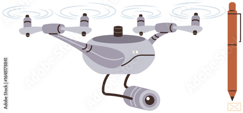 Drone equipped with camera flying near modern stylus pen. Ideal for technology, innovation, design, surveillance, photography, drones, education, simple flat metaphor