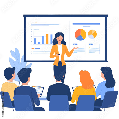 Business Presentation with Charts and Audience in a Meeting Room Setting