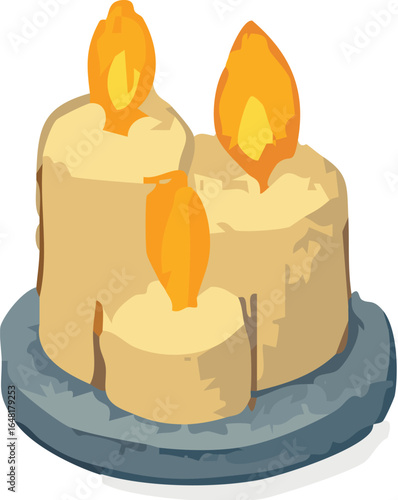 A simple illustration of three lit beige candles of different sizes on a grey holder.