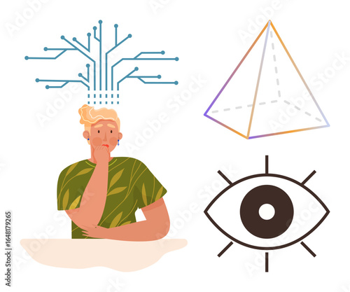 Person contemplating with AI-inspired circuits branching out from their head, a geometric pyramid and an abstract eye symbolizing ideas, vision, and technology. Ideal for innovation, creativity