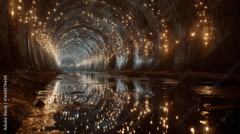 Obraz premium Illuminated Tunnel: A reflective water surface mirrors lights in an arched passage, creating a magical, enchanting subterranean scene.