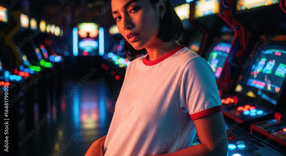 Fototapeta premium Young Woman Wearing White T Shirt Standing in Neon Lighted Arcade