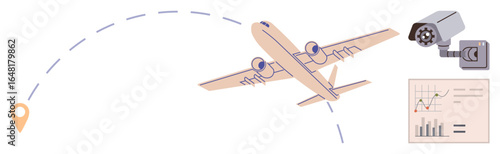 Airplane flying over navigation path, monitored by a CCTV camera and linked to data analytics dashboard. Ideal for travel, navigation, logistics, security, monitoring, aviation analytics. Simple