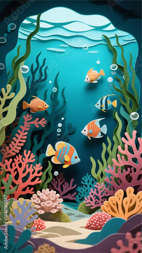 Whimsical paper art underwater world with coral reefs, tropical fish, and seaweed, layered cut paper style, vibrant colors, realistic lighting, high detail