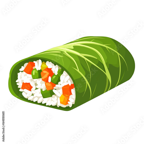 Leaf-Wrapped Rice Roll with Vegetables, Healthy Food Illustration