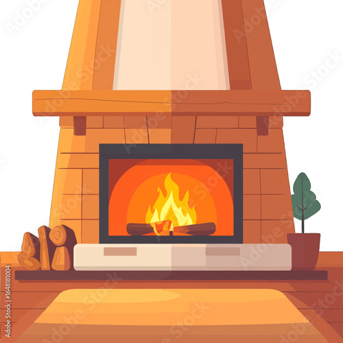Cozy Brick Fireplace with Burning Logs and Potted Plant