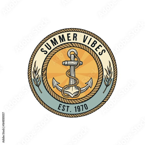 Vintage Summer Vibes Anchor Logo, Nautical Illustration, Retro Design