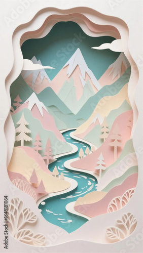Intricate paper art landscape of mountains and rivers, layered paper cut style, soft pastel colors, delicate shadows, handcrafted look, high detail