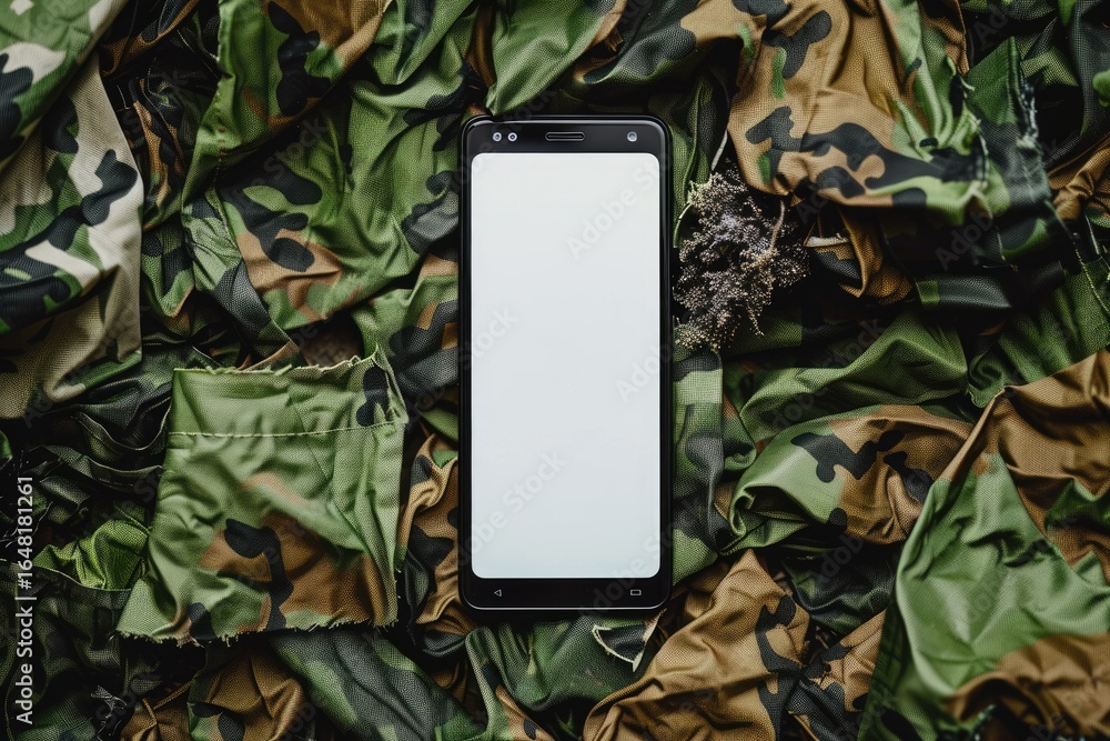 Detailed Color Image of Smartphone Mockup Banner with a Camouflage Background White Detailed Color Image of Smartphone Mockup Banner with a Camouflage Background White