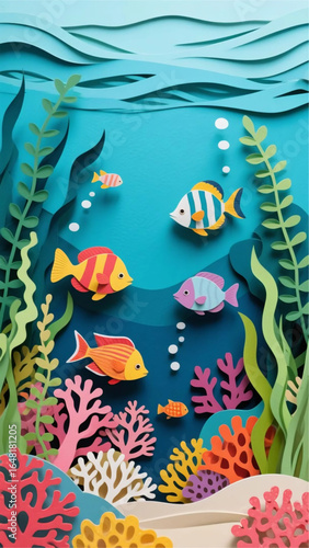 Paper art illustration of an underwater world, with colorful fish, coral reefs, and seaweed, layered cut paper style, vibrant and textured