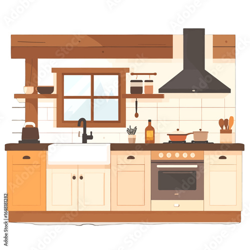 Cozy Kitchen Interior with Rustic Wooden Accents and Modern Appliances