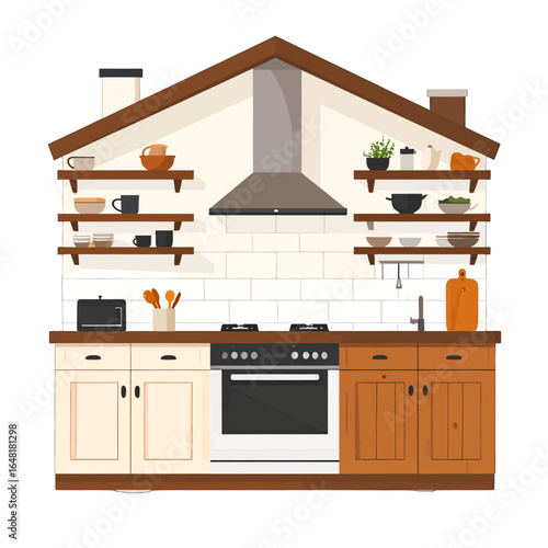 Charming Kitchen Interior with Open Shelving and Rustic Accents