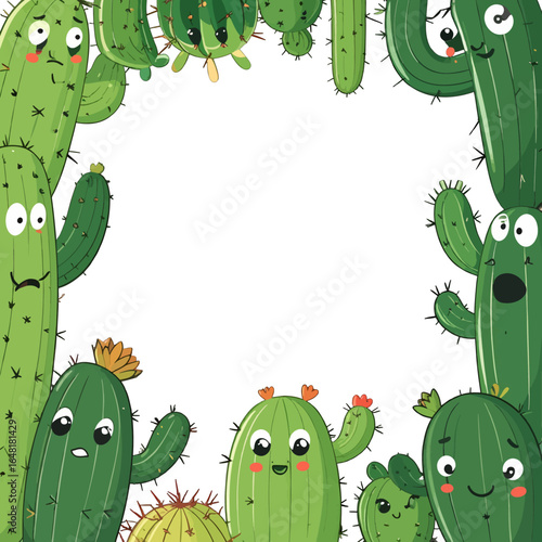 Cartoon Cactus Border with Cute Facial Expressions and Spines