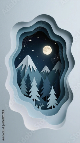 Paper art night forest with glowing moon, layered mountains, and starry sky, dreamy atmosphere, intricate paper texture