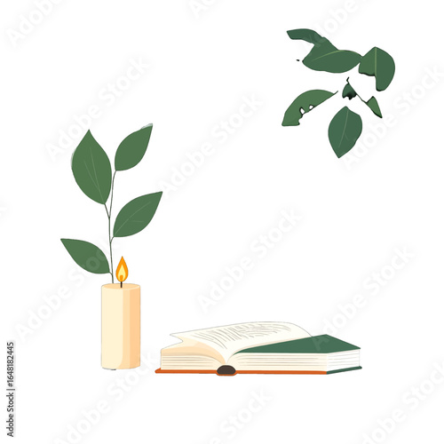 Open Book with Candle and Green Leaves Illustration