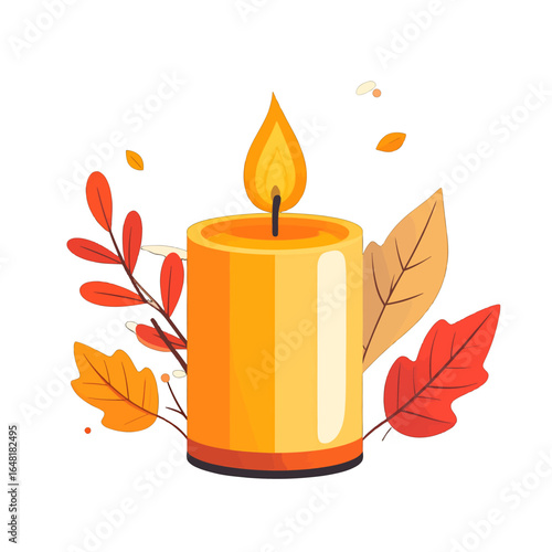 Autumn Candle with Decorative Leaves and Berries Illustration