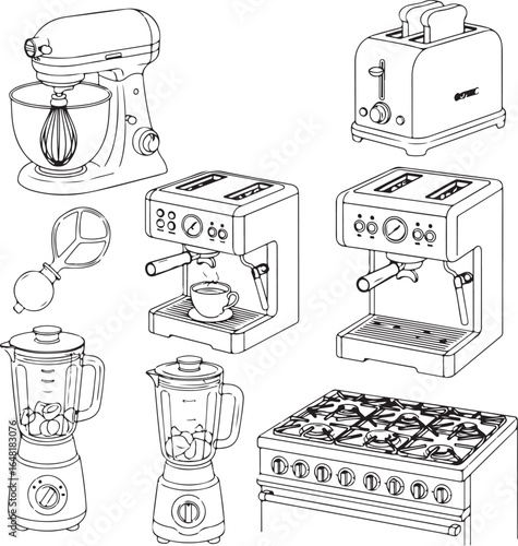 Kitchen appliances line art drawing: mixer, toaster, espresso machine, blender, and stove illustration.