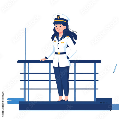 Cartoon Woman in Naval Officer Uniform on Ship Deck