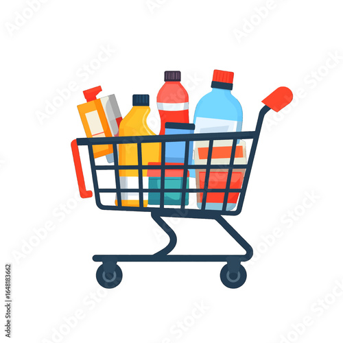 Shopping Cart Filled with Household Cleaning Supplies and Products