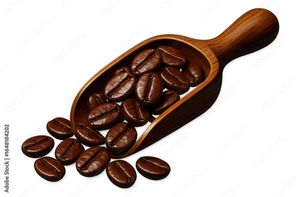 Fototapeta premium Coffee beans cascading from rustic wooden scoop, dramatic falling motion against translucent backdrop highlighting rich brown roasted kernels