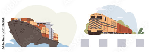 Large container ship on water and freight train on tracks highlighting cargo movement. Ideal for logistics, transportation, supply chain, import, export, commerce, global business. Simple flat