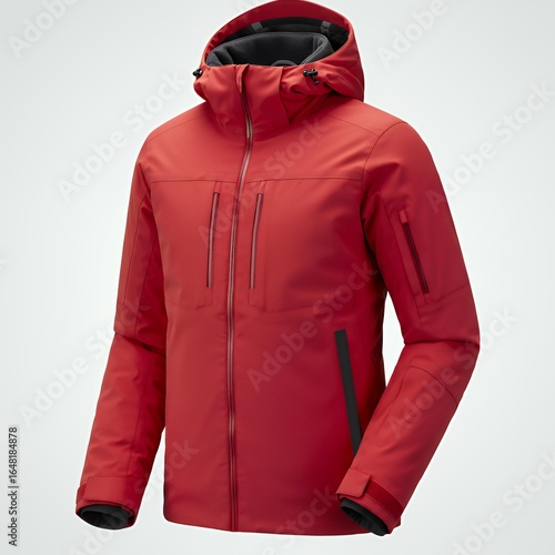 Coral red technical ski jacket with adjustable hood, insulated winter sports outerwear product isolated white background