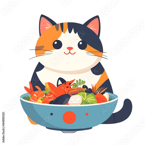 Cartoon Calico Cat Holding a Seafood Bowl
