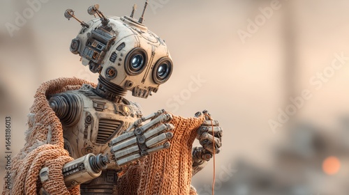 A quaint, steampunk-esque robot knits an orange swatch of knitting with steely, machine-like hands. Cozy, but still robotic.