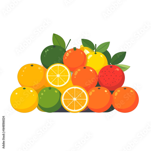 Vibrant Citrus Fruit Arrangement with Sliced Oranges and Green Leaves