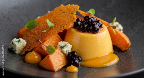Sophisticated culinary presentation featuring panna cotta with innovative garnish