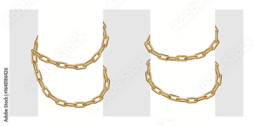 Chain wrapped around bondage, 3d golden jewelry bracelet necklace. Strong gold silver rings connected hanging on pillar. Locked round border for blocked content. Secret item, high risk closed concept