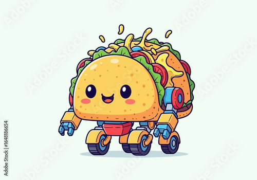 A charming and delightful illustration of a cute mecha food character, a happy taco robot bringing a smile with its unique blend of culinary and mechanical charm.