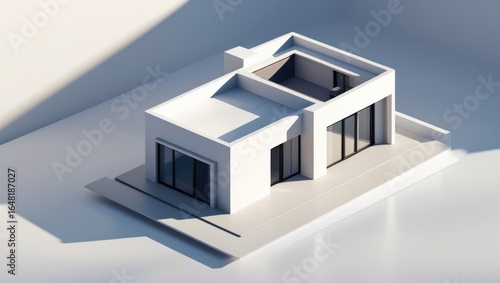 A modern, minimalist house design rendered in a 3d isometric style.