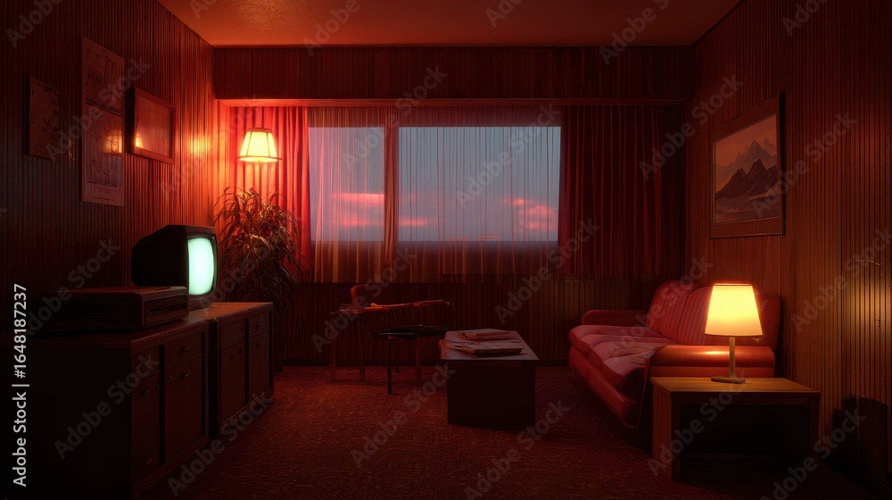Fototapeta premium Retro lounge bathed in red ambient light, featuring wood paneling, vintage furniture, and an old television set. A sunset glows in the window.