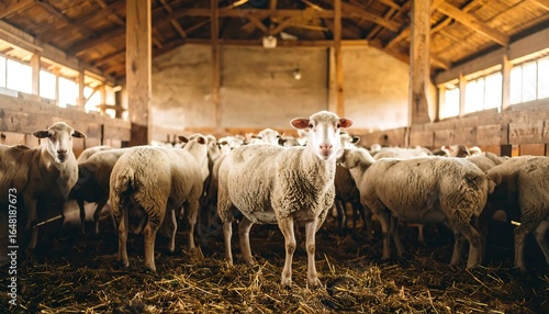 Flock of sheep in a barn