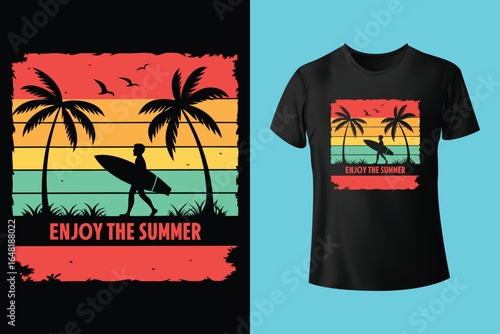 Colorful summer t-shirts on display at a vibrant store during sunny days.	