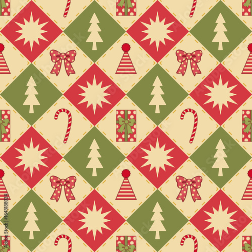 Festive Christmas Geometric Seamless Pattern with Red and Green Diamond Shape on Beige Background. Season Greetings Wallpaper.
