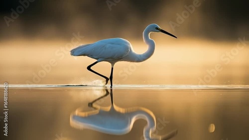 White egret wading in shallow water with reflection at sunset in a golden light setting scene bird video