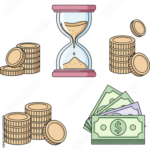 Time is Money A Visual Representation of Financial Concepts Using Coins, Hourglass, and Cash