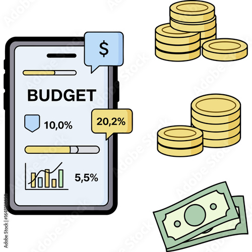 Concept of digital finance management with a budget tracking app on a smartphone, surrounded by coins and banknotes illustration.