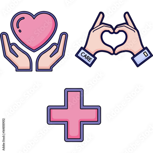 Heart Care and Support Hands Shaping Hearts and Cross Symbolizing Healthcare