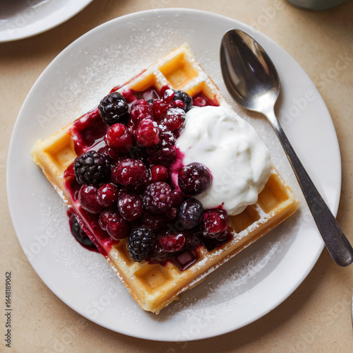 Flatlay of Delicious Brunch: Waffles with Berry Compote and Yogurt