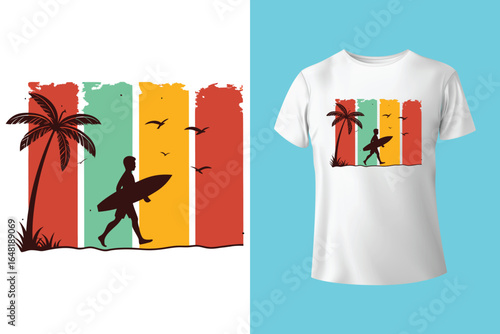 Colorful summer t-shirts on display at a vibrant store during sunny days.	